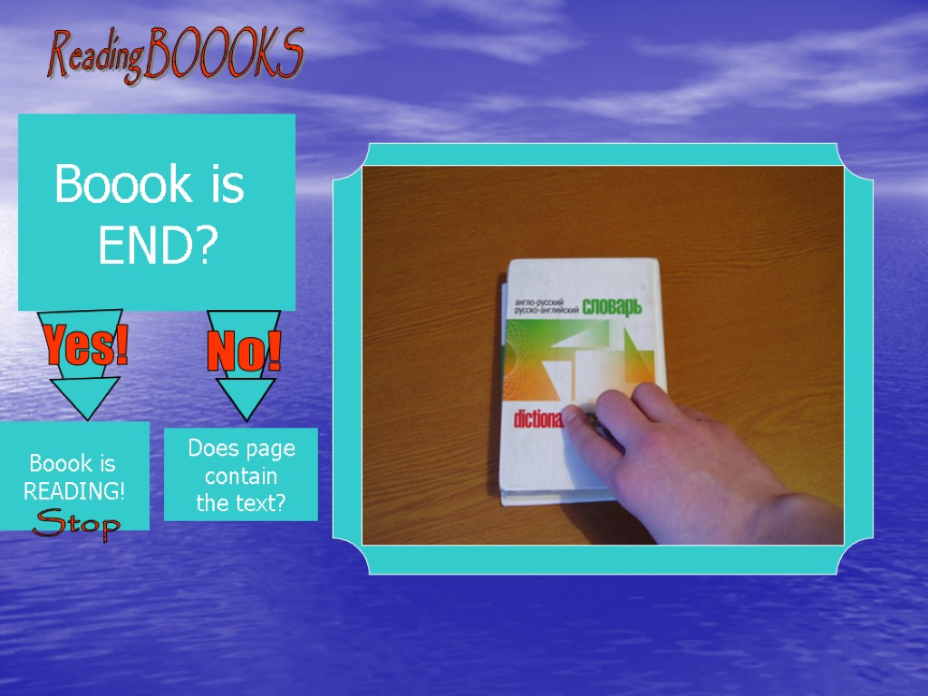 Reading BOOOKS Boook is END? Boook is READING! Stop Does page contain the text?